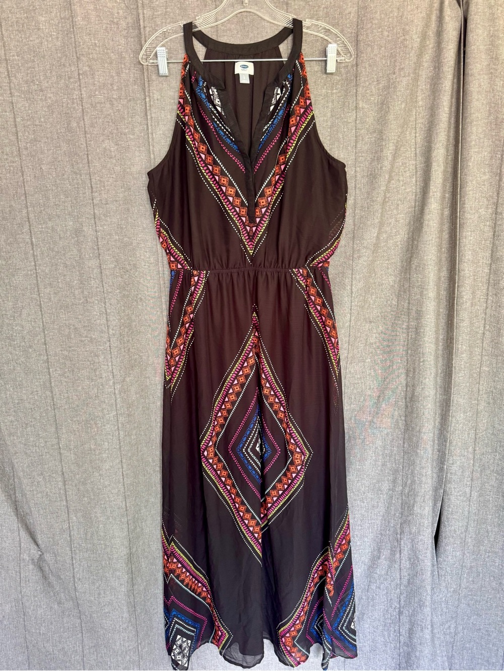 Old Navy Black V-Neck Geometric Print Maxi Dress Women's Large Tall Lined EUC